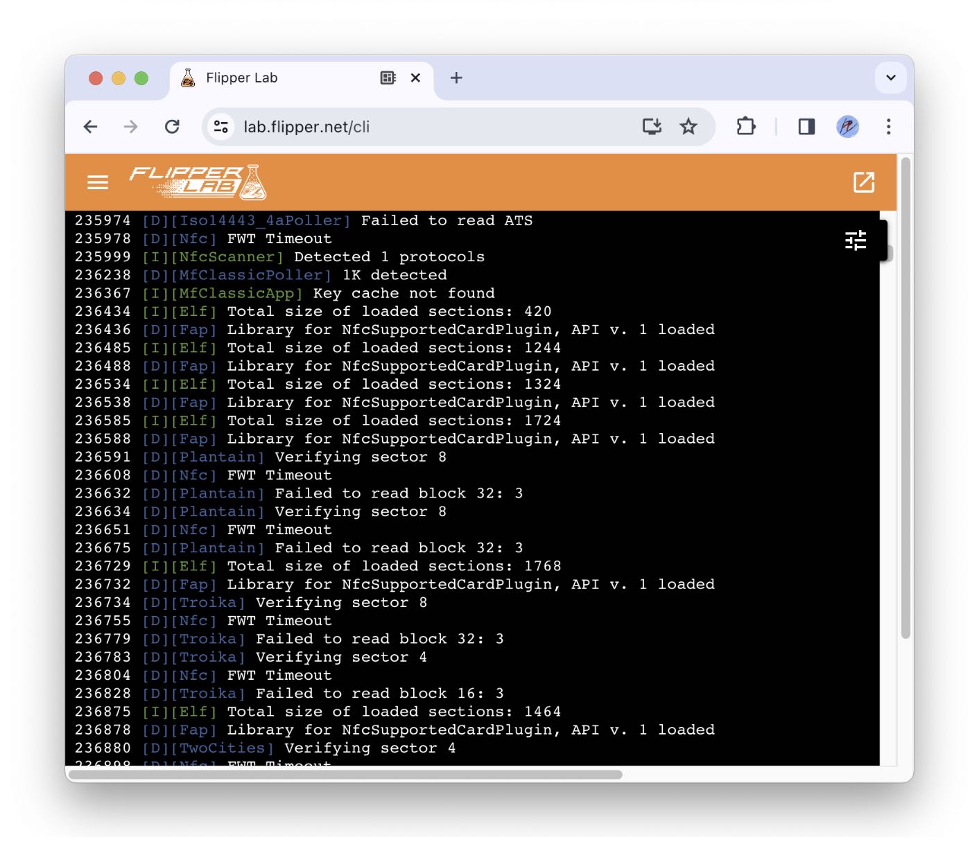 NFC logs in the Flipper Zero CLI NFC logs in the Flipper Zero CLI