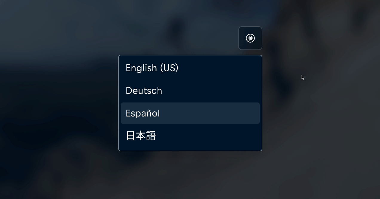 An action menu with “English” as the active audio language, highlighted as the current option in effect. An action menu with “English” as the active audio language, highlighted as the current option in effect.