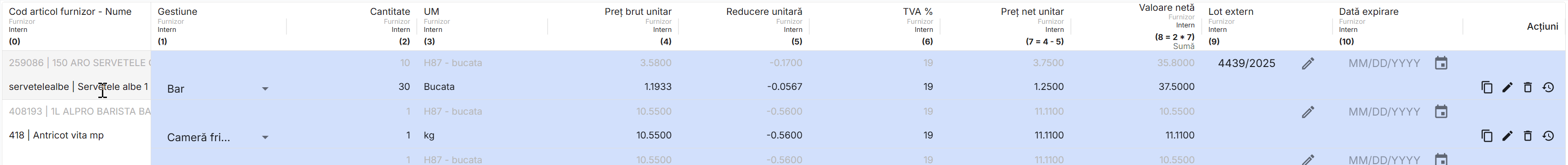 Împarte cantitatea în mai multe gestiuni